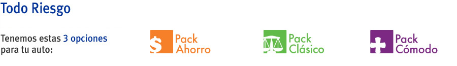 Todo Riesgo, Tenemos estas tres opciones para tu auto: Pack Ahorro (El Mejor Precio), Pack Clásico (El Equilibrio entre Precio y Servicios), Pack Cómodo (Servicios únicos y exclusivos) - ver información -